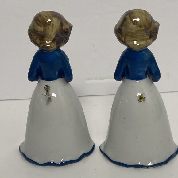 Vintage Porcelain Bells Girl Holding Gift Blue Floral Pattern Skirt Heavy Gloss - Picture 2 of 6